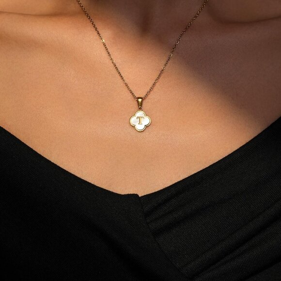 Personalized 14K Gold Plated Clover Initial Necklace - Dainty Women’s Jewelry - Picture 2 of 9
